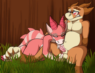 anthro ball_fondling balls bite biting_lip biting_own_lip blush bodily_fluids claws clothing cum cum_drip cum_in_mouth cum_inside dripping duo ejaculation erection eyes_closed eyewear feet fellatio female fingers fondling genital_fluids genitals glasses grass hand_on_balls horn lying male male/female male_penetrating nude on_top_of_another on_top_of_belly open_mouth oral oral_penetration outside penetration penile penis plant scales self_bite sex shirt simple_background tail toes topwear watchit porky kobold lizard reptile scalie digital_media_(artwork) hi_res