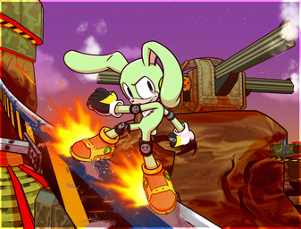 canyon chest_fur clothing detailed_background floppy_ears footwear fur gloves green_body green_fur grinding_(extreme_sports) handwear intense machine male orange_clothing orange_footwear orange_shoes purple_eyes shoes solo star turret xxkenthewolfxx sega sonic_the_hedgehog_(series) fan_character lagomorph leporid mammal rabbit absurd_res hi_res
