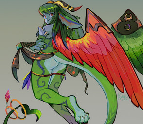 4_toes accessory clothed clothing clothing_lift countershading ear_piercing feathers feet female fur furgonomics green_body green_feathers green_fur hindpaw horn jewelry looking_at_viewer looking_back markings mouth_closed multicolored_body multicolored_feathers multicolored_fur paws piercing red_body red_eyes red_feathers simple_background smile solo tail tail_accessory tail_bracelet tail_jewelry thigh_bracelet thorn_(marking) toes wings kuglu puzzle_and_dragons linthia humanoid