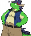 belt biceps big_muscles blue_hair bottomwear clothed clothing green_body green_eyes green_skin hair horn jacket looking_at_viewer male musclegut muscular muscular_male nose_steam pants pecs simple_background slightly_chubby smile solo tail topwear 12beat13 asian_mythology east_asian_mythology morenatsu mythology tatsuki_(morenatsu) dragon eastern_dragon mythological_creature mythological_scalie scalie