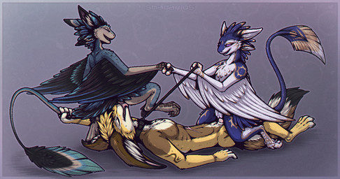 anthro cloacal cloacal_penetration collar cunnilingus erection feathers female female_penetrated genitals group hand_holding leash leash_pull licking male male/female male_penetrating male_penetrating_female oral penetration penis sex tail tail_grab tongue trio vaginal wings shadarrius etis kiry taluki_(vixie) avali canid canine fennec_fox fox mammal true_fox hi_res