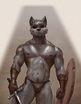 abs anthro black_nose body_hair bottomwear clothed clothing fur gloves grey_body grey_fur handwear happy_trail humanoid_hands loincloth male melee_weapon muscular muscular_anthro muscular_male navel nipples pubes shield solo sword topless topless_anthro topless_male weapon marsonaut canid canine canis mammal wolf 2023 hi_res signature