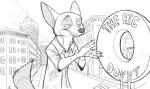 2018 4_fingers absurd_res anthro billboard canid canine city claws clothed clothing dessert detailed_background digital_drawing_(artwork) digital_media_(artwork) dipstick_ears dipstick_tail disney doughnut english_text eyebrows fingers food fox fur gloves_(marking) greyscale half-closed_eyes hi_res macro male mammal markings monochrome multicolored_ears multicolored_tail narrowed_eyes necktie nick_wilde raised_eyebrow red_fox road secoh2000 sidewalk sign signature solo street tail tail_markings text true_fox zootopia