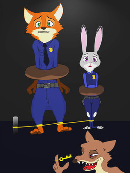 anthro bound captured clothed clothing cuff_(restraint) dessert doughnut female food fur group helpless humiliation interspecies key male pastry police police_uniform restraints shackles smile stuck uniform bonwolf disney zootopia duke_weaselton judy_hopps nick_wilde canid canine fox lagomorph least_weasel leporid mammal mustelid musteline rabbit red_fox true_fox true_musteline weasel