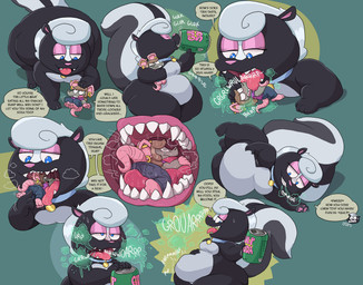 all_fours anthro belly beverage beverage_can big_belly big_tail black_body black_fur bodily_fluids burping cherub_(pastelass clothed clothing collar dialogue digestion drinking duo female fur hair larger_pred licking licking_prey male male/female micro nude open_mouth oral_vore overweight paws rumbling_stomach saliva simple_background size_difference soda spiral spiral_eyes tail teeth text thick_thighs tongue vore white_body gulpspooky mouse_(gulpspooky) mammal mephitid mouse murid murine rodent skunk digital_media_(artwork) english_text hi_res