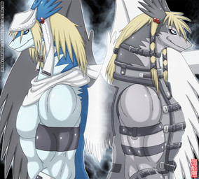 abstract_background anthro blonde_hair blue_body blue_ears blue_eyes blue_skin closed_smile clothing countershading duo ear_piercing feathers grey_body grey_countershading grey_harness grey_skin hair harness headgear headwear kerchief male male_anthro mouth_closed muscular muscular_anthro muscular_male neckerchief neckwear outline piercing side_view smile standing striped_arms teeth text white_body white_clothing white_countershading white_headwear white_kerchief white_neckerchief white_outline white_skin white_wings wings cyyeun legendz mythology ranshiin shiron dragon feathered_dragon feathered_scalie mythological_creature mythological_scalie scalie windragon 2006 artist_name digital_drawing_(artwork) digital_media_(artwork) half-length_portrait portrait shaded signature