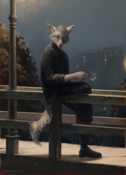 anthro biped black_bottomwear black_clothing black_footwear black_nose black_pants black_shirt black_topwear bottomwear cheek_tuft cigarette clothed clothing eyebrows eyewear facial_tuft footwear glasses hair holding_cigarette holding_object inner_ear_fluff looking_at_viewer male night outside pants round_glasses shirt short_hair sitting solo topwear tuft white_body nikkimory ambiguous_species canid canine mammal 2024 hi_res