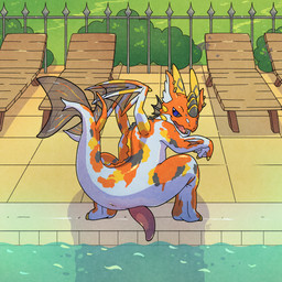 anus arm_fin butt feet fin genitals horn looking_at_viewer looking_back male membrane_(anatomy) orange_body penis poolside presenting presenting_anus smile smiling_at_viewer smirk smirking_at_viewer solo swimming_pool tail tail_fin toes water webbed_feet webbed_hands wings yellow_horn argon_vile mythology amur_carp aquatic carp cyprinid cypriniform dragon fish koi mythological_creature mythological_scalie scalie typical_carp 1:1 hi_res