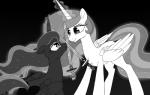 black_background duo eye_contact eyelashes feathered_wings feathers female feral glowing hair horn long_hair looking_at_another magic melee_weapon simple_background smile sparkles sword weapon wings verawitch friendship_is_magic hasbro my_little_pony mythology princess_celestia_(mlp) princess_luna_(mlp) equid equine mammal mythological_creature mythological_equine winged_unicorn 2017 greyscale monochrome sibling_(lore) sister_(lore) sisters_(lore)