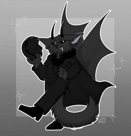 2_horns anthro big_ears biped black_body black_claws black_clothing black_eyes black_footwear black_fur black_hat black_headwear black_horn black_nose black_sclera boots bottomwear chibi claws cloak clothed clothed_anthro clothed_male clothing coat ear_tuft eyebrows fangs fluffy fluffy_tail footwear fully_clothed fully_clothed_anthro fully_clothed_male fur glistening glistening_eyes glowing glowing_eyes gradient_background grey_background grey_body grin happy hat headgear headwear horn light long_tail looking_at_viewer male monotone_body motion_lines narrowed_eyes open_mouth outline pants paws pose raised_leg shoes simple_background smile smiling_at_viewer snout solo sparkles standing suit tail teeth tongue topwear trenchcoat tuft walking wings conhugo bat demon domestic_cat felid feline felis hybrid mammal monster vampire hi_res monochrome shaded signature