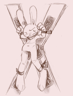 anthro blush bondage_furniture bound confusion hands_up long_ears long_feet male pinned pinned_to_wall saint_andrew's_cross sharp_teeth solo spread_eagle teeth walnutgecko sam_and_max max_(sam_and_max) lagomorph leporid mammal rabbit absurd_res hi_res monochrome