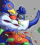 anthro body_size_growth clothing duo macro male money size_transformation torn_clothing transformation arexualex nintendo star_fox suspiciously_wealthy_furry falco_lombardi fox_mccloud avian bird canid canine fox mammal