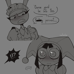 annoyed anthro aroused blush bodily_fluids censor_bar censored_text clothing dialogue duo ellipsis exclamation_point eyelashes female female_humanoid fool's_hat hat headgear headwear heart_symbol long_eyelashes maid_headdress maid_uniform male male_anthro profanity question_mark round_eyes speech_bubble sweat sweatdrop talking_to_another text uniform wide_eyed rootache glitch_productions the_amazing_digital_circus jax_(tadc) pomni_(tadc) humanoid lagomorph leporid mammal rabbit 1:1 2025 english_text hi_res