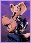 anthro big_breasts border breasts clothing female furgonomics furry-specific_piercing looking_at_viewer nipples piercing purple_border simple_background snake_hood snake_hood_piercing solo tail lugen_kobold cobra reptile scalie snake absurd_res hi_res