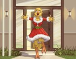 2_toes 4_toes 5_fingers anisodactyl anthro barefoot beak belt black_eyebrows blonde_hair breasts building cheek_tuft claws cleavage clothed clothing digitigrade dress eyebrows facial_tuft feathers feet female fingers grass green_belt hair happy holidays knee_tuft leg_tuft logo long_hair looking_at_viewer monotone_body multicolored_beak neck_tuft non-mammal_breasts on_one_leg open_beak open_door open_mouth orange_beak orange_scutes outside outstretched_arms pink_tongue plant purple_eyes red_beak red_clothing red_dress scuted_legs scutes shadow solo standing tail tail_feathers toe_claws toes tongue tuft two_tone_beak wall_lighting white_claws yellow_body yellow_feathers sammfeatblueheart christmas final_fantasy square_enix ivory_(sweetchocobo) avian chocobo 2024 artist_logo cel_shading hi_res shaded signature