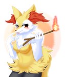 anthro blush female fire fur holding_object looking_at_viewer multicolored_body multicolored_fur red_eyes solo two_tone_body two_tone_fur white_body white_fur yellow_body yellow_ears yellow_fur fluffy_hinu nintendo pokemon braixen generation_6_pokemon pokemon_(species) hi_res