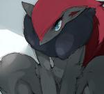 abstract_background anthro biped blue_eyes fur grey_body grey_fur hair kemono long_hair looking_at_viewer nude red_hair sitting smile solo agemono nintendo pokemon generation_5_pokemon pokemon_(species) zoroark