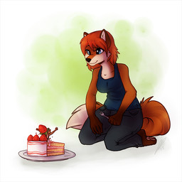 anthro blue_eyes cake cake_sitting cutlery dessert dipstick_tail duo female food food_fetish food_play fork fruit in_food kitchen_utensils kneeling larger_female markings micro plant pop_out_cake size_difference solo_focus strawberry surprised tail tail_markings tools vellacraptor canid canine fox mammal mouse murid murine rodent 1:1