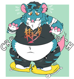4_fingers anthro backwards_hat belly blue_body blue_fur bottomwear clothing ear_piercing facial_piercing fingers footwear fur hat headgear headwear male multicolored_body multicolored_fur navel neck_tuft nose_piercing nose_ring onomatopoeia orange_eyes overweight overweight_anthro overweight_male pants piercing ring_piercing shirt shoes simple_background skateboard solo sound_effects text topwear torn_bottomwear torn_clothing torn_pants tuft two_tone_body two_tone_fur vehicle white_body white_fur cleanplague epic_games fortnite kd_rattical_(fortnite) mammal murid murine rat rodent 2026 digital_drawing_(artwork) digital_media_(artwork) hi_res signature