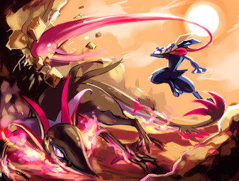 5_fingers anthro biped black_body black_skin duo female feral fight fighting_pose fingers fire flaming_tail male pose sun tail betel.gz nintendo pokemon ebony_(nyxcha) generation_5_pokemon generation_6_pokemon generation_7_pokemon greninja hybrid pokemon_(species) salazzle scalie serperior absurd_res hi_res female_(lore)