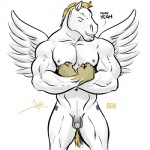 anthro biceps cutie_mark dialogue ear_piercing ear_ring feathered_wings feathers flaccid flexing foreskin genitals humanoid_genitalia humanoid_penis male muscular muscular_anthro muscular_male nipples nude partially_retracted_foreskin pecs penis piercing profanity ring_piercing simple_background small_penis smile solo text vein white_background white_body wings bgn friendship_is_magic hasbro my_little_pony bulk_biceps_(mlp) equid mammal 1:1 digital_media_(artwork) english_text