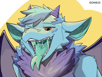 anthro back_wings bodily_fluids drooling fangs fur green_tongue male membrane_(anatomy) membranous_wings mouth_shot multicolored_body neck_tuft open_mouth open_smile orange_eyes pointy_ears saliva saliva_string simple_background smile solo teeth tongue tongue_out tuft uvula wings isohak23 mythology rufus_(rufus_derg) dragon furred_dragon furred_scalie mythological_creature mythological_scalie scalie hi_res