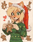 accessory anthro blonde_hair blush christmas_clothing christmas_headwear clothing cookie female female_anthro food gingerbread_cookie hair hair_accessory hat headgear headwear heart_symbol holding_food holding_object holidays looking_at_viewer santa_hat simple_background smile solo sweater tan_body topwear waspsalad christmas almond_(waspsalad) deer mammal 2023 hi_res