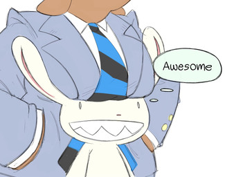 anthro big_breasts boob_hat breasts brown_body brown_fur clothed clothing crossgender duo female fur hand_in_pocket long_ears male male/female mtf_crossgender necktie pockets sharp_teeth smile suit teeth text white_body white_fur vestigialbones sam_and_max max_(sam_and_max) samuel_dog canid canine canis domestic_dog lagomorph leporid mammal rabbit english_text hi_res