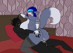 accessory alternative_fashion anthro balls bed big_breasts blue_body blue_fur blue_hair bodily_fluids breasts clothing cowgirl_position cum cum_in_pussy cum_inside duo ear_piercing eyewear female female_penetrated from_front_position fur furgonomics furniture genital_fluids genitals goth hair knot legwear lying makeup male male/female male_penetrating male_penetrating_female nude on_bed on_bottom on_top penetration penile penile_penetration penis piercing pussy riding scar sex stockings tail tail_accessory tailband vaginal vaginal_penetration razirekvd bluebell_(razirekvd) darkwolf_(darkwolfdemon) canid canine canis domestic_dog mammal wolf absurd_res digital_media_(artwork) hi_res