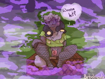 alternative_fashion anthro blush blush_lines bodily_fluids bottomless buzzed cigarette clothed clothing drugs drunk exhibitionism female fishnet_clothing fishnet_legwear fuzzy genital_fluids genitals glistening hippie humor insinuate legwear marijuana offering_sex offering_to_another offering_to_viewer outside pantsless pantsless_female presenting presenting_vulva pubes pubes_exposed pun risky_nudity shirt sitting smoke smoking smoking_cigarette solo spread_legs spreading substance_intoxication topwear torn_clothing torn_shirt torn_topwear vaginal_fluids vulva wet birbobuzzle penelope_(birbobuzzle) bovid caprine domestic_sheep mammal sheep 4:3 adversarial_noise hi_res