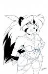 anthro big_breasts bra breasts chest_tuft clothed clothing facial_markings feathers female fur hair head_markings long_hair markings melee_weapon panties solo sword tuft underwear weapon chalo las_lindas dischordia bear giant_panda mammal monochrome sketch