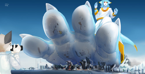 4_toes anthro barefoot blue_body building camera city city_crushing city_destruction cityscape claws clothed clothing destruction duo feet foot_focus landscape_dwarfing macro male photo red_eyes soles solo_focus toes solutionwcs soma_(solutionwcs) scalie unknown_species