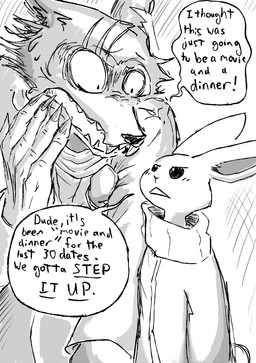 anthro blush blush_lines bodily_fluids clothing coat dialogue duo female holding_arm jacket male muffler scar scarf sweat text topwear whispering dragonweirdo beastars haru_(beastars) legoshi_(beastars) canid canine canis lagomorph leporid mammal rabbit wolf absurd_res comic english_text hi_res monochrome
