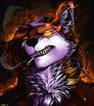 abstract_background angry anthro cigarette clothed clothing ear_piercing female glowing glowing_eyes piercing smile solo conditional_dnp ratte legacy_(ratte) beyle canid canine faraden fox mammal new_faraden 2017 digital_media_(artwork)