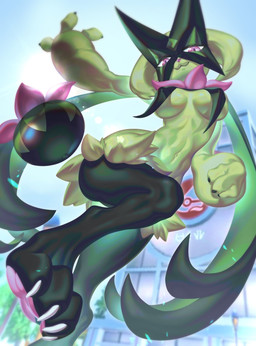 3_fingers 4_toes :3 action_pose anthro breast_curtains breasts butt claws feet female finger_claws fingers fist fur green_body green_fur hair lens_flare long_hair looking_at_viewer low-angle_view medium_breasts navel nipple_outline outside pawpads pink_eyes pink_nose pink_pawpads plant pose pupils sky slit_pupils smile solo sun toes tree ineedmoney1216 nintendo pokemon felid feline generation_9_pokemon mammal meowscarada pokemon_(species) absurd_res hi_res