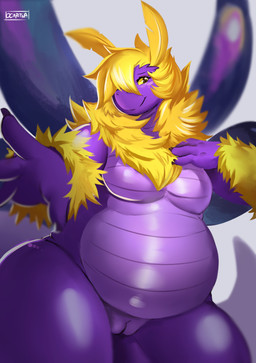antennae_(anatomy) anthro belly big_belly blush breasts claws featureless_breasts female fluffy fur genitals non-mammal_breasts nude overweight overweight_anthro overweight_female purple_body purple_scales scales smile solo vulva wings yellow_body yellow_eyes yellow_fur ocaritna stardust_(zephyr) arthropod furred_kobold furred_scalie hybrid insect kobold lepidopteran moth mothbold scalie 2018 absurd_res digital_media_(artwork) hi_res shaded