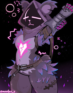 5_fingers anthro arm_tuft armor belt clothing ear_tuft eye_scar eyes_closed facial_scar female female_anthro fingers front_view fur gauntlets gloves handwear heart_symbol hip_tuft hood leg_tuft markings navel notched_ear purple_body purple_fur purple_hood scar scut_tail shadow_face short_tail sleeping solo sound_effects standing stretching stretching_arms tail text thigh_tuft tired tuft vowelless vowelless_sound_effect zzz meekax_x epic_games fortnite raven_team_leader bear mammal 2025 absurd_res artist_name digital_media_(artwork) hi_res