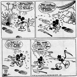 all_fours ambiguous_gender anthro beach bottomwear clothed clothing dialogue duo feral footwear male open_mouth outside pants plant question_mark shoes speech_bubble text ub_iwerks walt_disney_(artist) win_smith disney public_domain mickey_mouse avian bird 1930 20th_century absurd_res ancient_art black_and_white comic english_text hi_res monochrome
