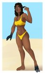 anthro beach black_hair clothing cloven_hooves dark_body dark_skin female hair hooves human_to_anthro mid_transformation outside seaside solo species_transformation swimwear transformation archilycant bovid caprine human mammal sheep hi_res