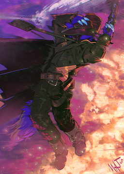 anthro bag belt biped bottomwear claws clothing coat explosion finger_claws footwear fur gun handgun hat headgear headwear holding_clothing holding_gun holding_handgun holding_hat holding_headgear holding_headwear holding_object holding_ranged_weapon holding_weapon machine male pants purple_body purple_fur ranged_weapon satchel shoes solo topwear weapon majmajor drude_(character) protogen 2026 digital_media_(artwork) hi_res