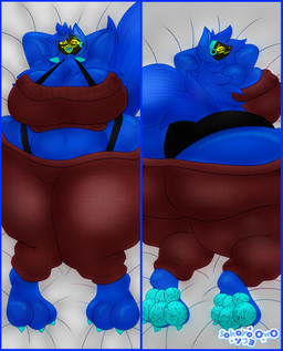 3_toes 4_fingers anthro big_breasts big_butt big_feet blue_body blue_border blue_fur blue_hair blush body_pillow border breasts butt claws cleavage clothed clothing cybernetics dakimakura dakimakura_pillow embarrassed feet female fingers front_view fur hair hands_behind_back hands_behind_head huge_butt long_tail looking_at_viewer looking_back lying machine on_back on_front open_mouth open_smile pajamas partially_clothed pawpads pillow protogen_visor raised_arm raised_arms rear_view red_clothing resting_on_arms smile solo tail thick_thighs toes yellow_eyes sokoyo_owo starry_(sokoyo_owo) canid canine cyborg mammal protogen dakimakura_design hi_res