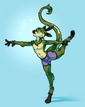 anthro antlers belly_tuft bulge clothing eyewear fur glasses green_body green_fur horn jewelry looking_at_viewer lord_of_the_dance_pose male neck_tuft on_one_leg pawpads simple_background solo sparkles standing tail tuft underwear yellow_eyes yoga bigmoon206 mossweaver deer furred_kobold furred_scalie hybrid kobold mammal scalie 4:5 hi_res