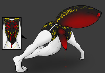 anthro arthropod_abdomen ass_up balls big_balls big_penis black_body bodily_fluids buttplug clothing dripping genital_fluids genitals glowing glowing_eyes gold_body grey_background jack-o'_pose jewelry long_tongue male open_mouth penis plug_(sex_toy) pose precum precum_drip presenting presenting_balls presenting_penis red_body red_eyes red_penis sex_toy simple_background solo tongue white_clothing jesuscheesus arthropod insect