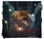 bathing bathing_together blonde_hair blush brown_hair crossover_ship duo eyes_closed feathered_wings feathers hair humanoid_on_humanoid humanoid_pointy_ears kiss_on_lips kissing light_body light_skin male male/male night not_furry nude pointy_ears sky star starry_sky water wet wings soft_sizzle kid_icarus nintendo the_legend_of_zelda link pit_(kid_icarus) angel elf humanoid hylian winged_humanoid crossover hi_res signature