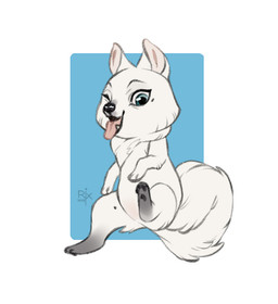 ambiguous_gender black_nose blue_eyes cheek_tuft chibi facial_tuft featureless_crotch feral fluffy fluffy_tail fur glistening glistening_eyes grey_body grey_fur leg_markings logo looking_at_viewer markings one_eye_closed open_mouth pink_tongue simple_background socks_(marking) solo tail tongue tongue_out tuft white_body white_ears white_fur riorix canid canine canis domestic_dog mammal 2019 artist_logo dated full-length_portrait portrait