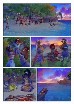 anthro black_body black_fur clothed clothing cloud dark_body ear_fins female feral fin fur grey_body group male night party proboscis_(anatomy) sea sky smile split_form tail trunk_(anatomy) water bjekkergauken mythology imbali_(bjekkergauken) isilo_(bjekkergauken) aquatic avian bird elephant elephantid humanoid mammal merfolk proboscidean unknown_species 2026 colored comic hi_res