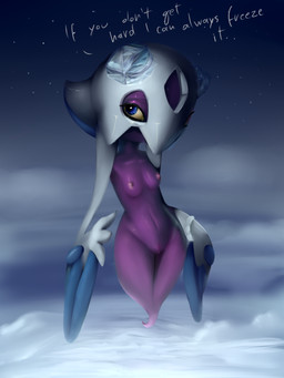 breasts curvy_figure female genitals ice looking_at_viewer night not_furry nude outside snow solo text voluptuous vulva plantpenetrator nintendo pokemon froslass generation_4_pokemon ghost humanoid pokemon_(species) spirit 3:4 digital_media_(artwork) hi_res