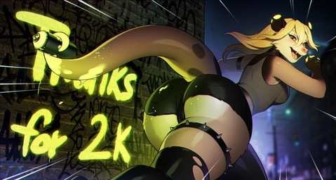 anthro armband big_butt big_tail blonde_hair blush bodily_fluids bottomwear brick brick_wall bubble_butt butt butt_fluff butt_focus camel_toe choker city city_background cityscape clothed clothing collar curvy_figure daisy_dukes denim denim_bottomwear denim_clothing denim_shorts fangs female fur glowing glowing_eyes glowing_markings graffiti graffiti_on_wall hair hotpants hourglass_figure jewelry legband legwear long_tail looking_at_viewer looking_back markings motion_lines multicolored_body multicolored_fur necklace night open_mouth paint prehensile_tail rear_view running running_away shorts small_waist solo spiked_legband spikes spray_can spray_paint stockings street sweat sweatdrop sweaty_butt tail tail_holding_object teeth text text_on_wall thanking thick_tail thick_thighs torn_clothing torn_legwear torn_stockings torn_thigh_highs voluptuous wall_(structure) wearing_collar wide_hips clawiope clawiope_(clawiope) american_opossum mammal marsupial absurd_res hi_res