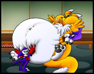 anthro belly big_belly claws clothing duo female fur gloves handwear huge_belly inflation inside male overweight sitting stuffing yellow_body yellow_fur virus-20 bandai_namco digimon canid digimon_(species) impmon mammal renamon 2010