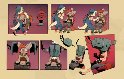 ambiguous_gender anthro blood bodily_fluids bottomwear breasts chair cleavage clothed clothed_anthro clothed_female clothing corpse cybernetic_arm cybernetic_limb dead_eyes death duo female fingerless_gloves freckled_face freckles furgonomic_pants furgonomics furniture gloves hair handwear limp machine midriff navel nosebleed one_sock open_mouth orange_hair overalls pants resurrection tail x_eyes rexyseven rusty_gears canid canine fennec_fox fox mammal true_fox 2025 absurd_res comic digital_drawing_(artwork) digital_media_(artwork) english_description hi_res huge_filesize